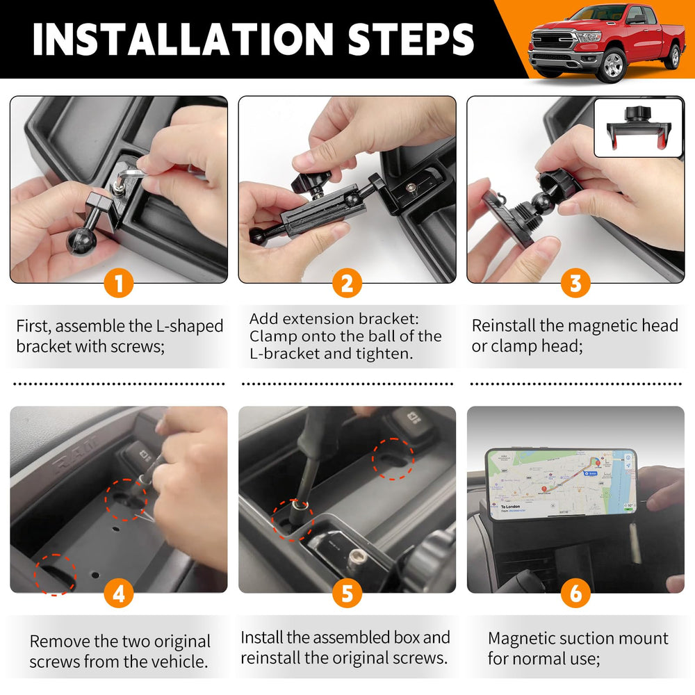 HUYINPJ Dodge Ram accessory mount integrates with dash for a cleaner cockpit.