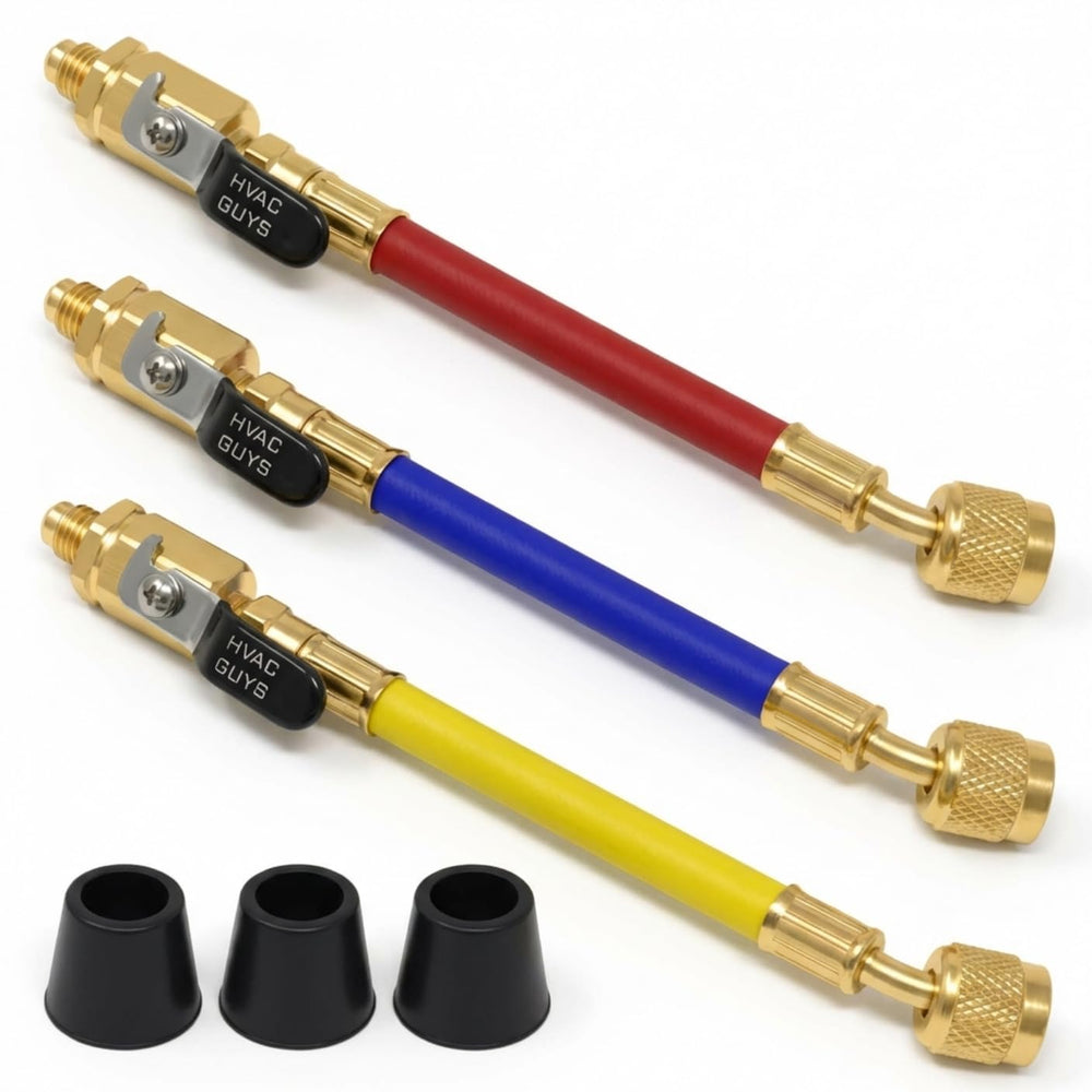 HVAC Guys 7in R-410A hoses with ball valves for precise charging and reduced leaks.
