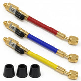 HVAC Guys 7in R-410A hoses with ball valves for precise charging and reduced leaks.