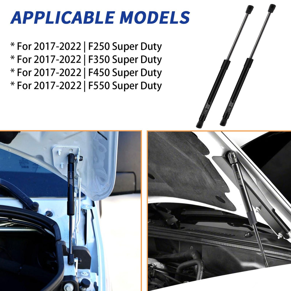 HXSKJMX hood struts installed on Ford Super Duty demonstrate quick tool-free replacement