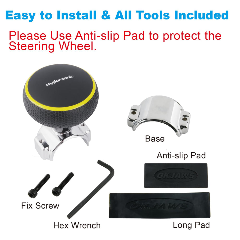 Hypersonic yellow steering wheel knob in-car use for daily comfort.