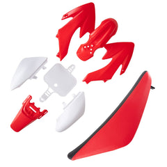 The Hyssk ABS plastics kit with red tall seat for Honda CRF50: sleek fit and durable ride.