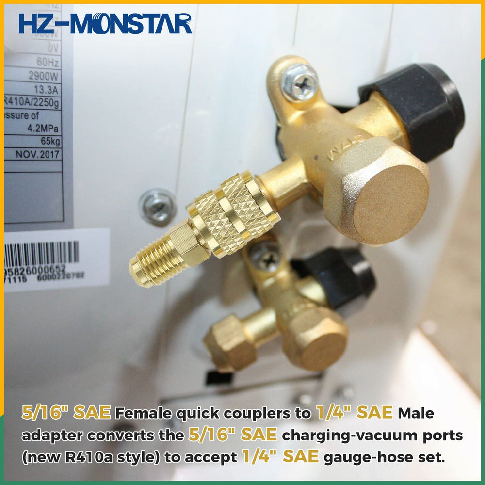 HZ-MONSTAR mini split adapter kit showing 1/2 ACME female x 1/4 SAE male for broad compatibility.