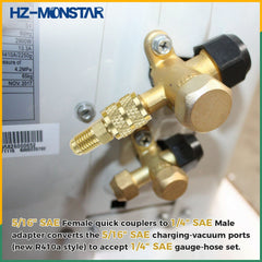 HZ-MONSTAR mini split adapter kit showing 1/2 ACME female x 1/4 SAE male for broad compatibility.