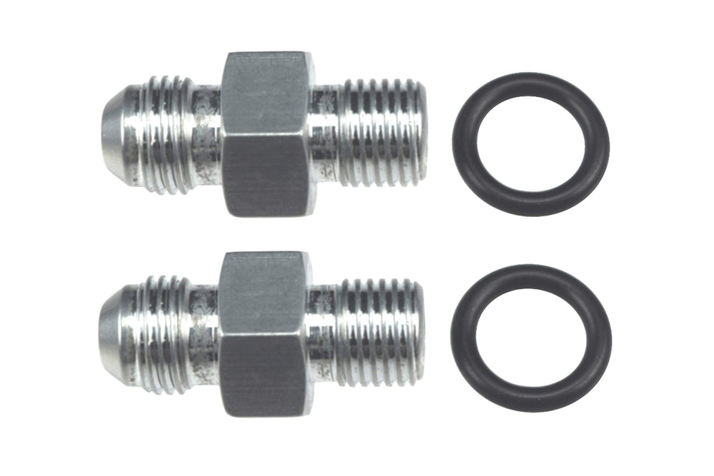 ICT Billet front-view fittings with -6AN flare for reliable custom transmission lines.