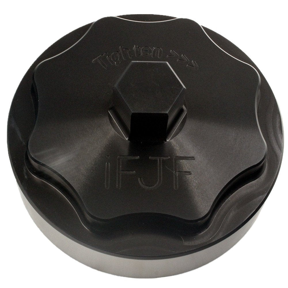 iFJF fuel filter housing cap 68065612AA, anodized black finish for durable diesel protection.
