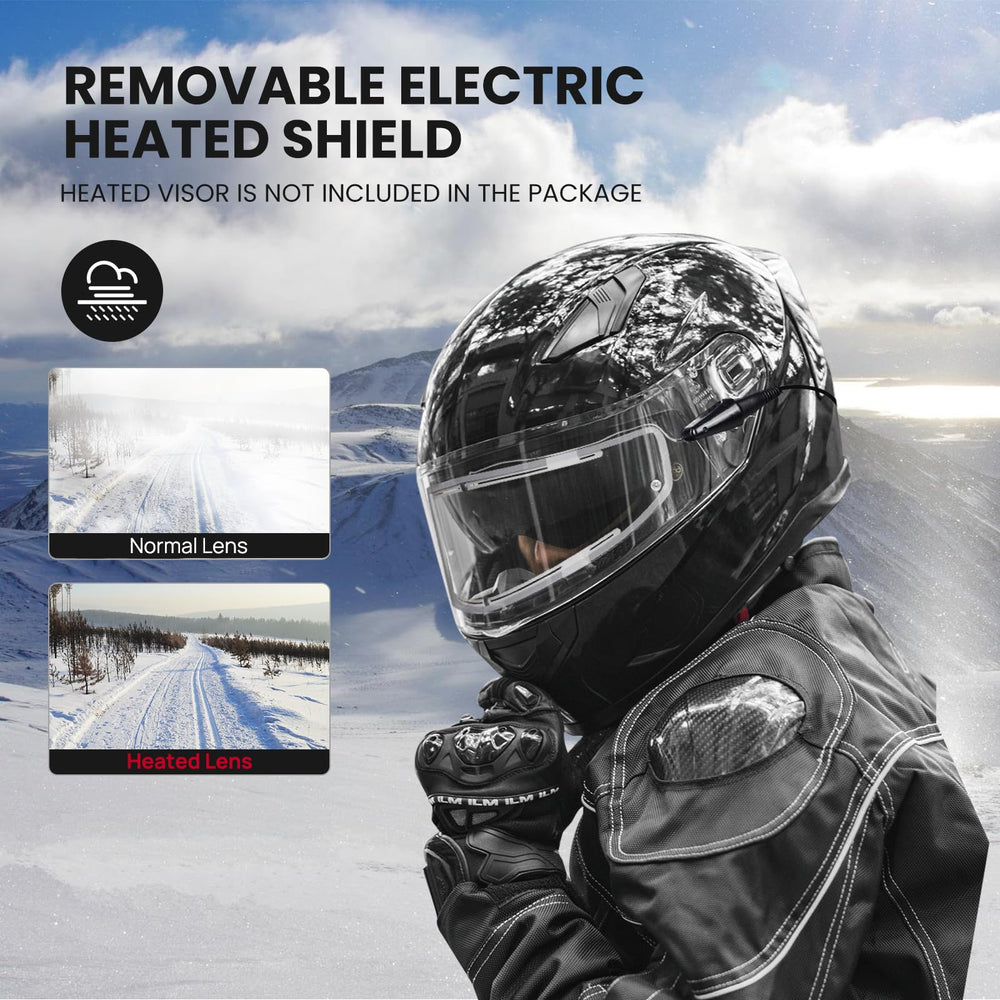 ILM full-face helmet with heated shield option for cold weather visibility.