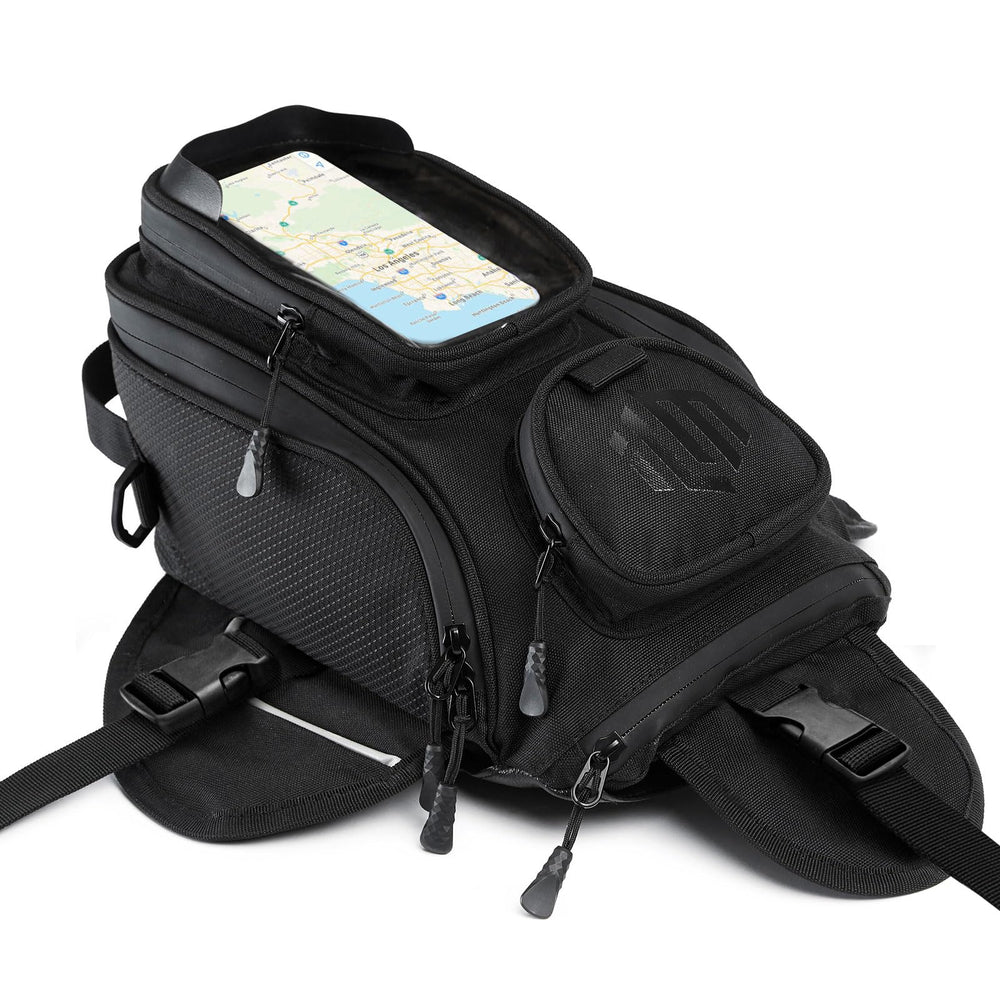 ILM motorcycle tank bag with magnetic four-strap system for stable mounting.