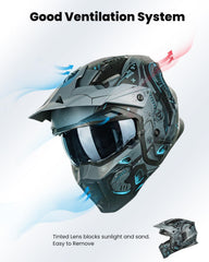 ILM open-face helmet tinted lens blocks sun and sand for clearer vision.