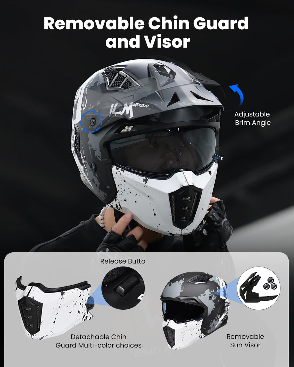 ILM Z302 open-face helmet detachable front cover for versatile styling.