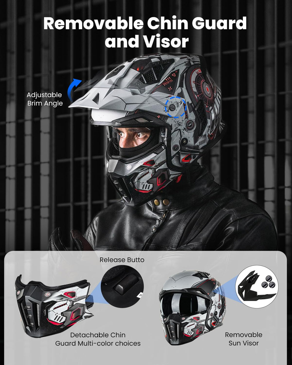 ILM Z302 open-face helmet detachable brim illustrates four configurations for riding.