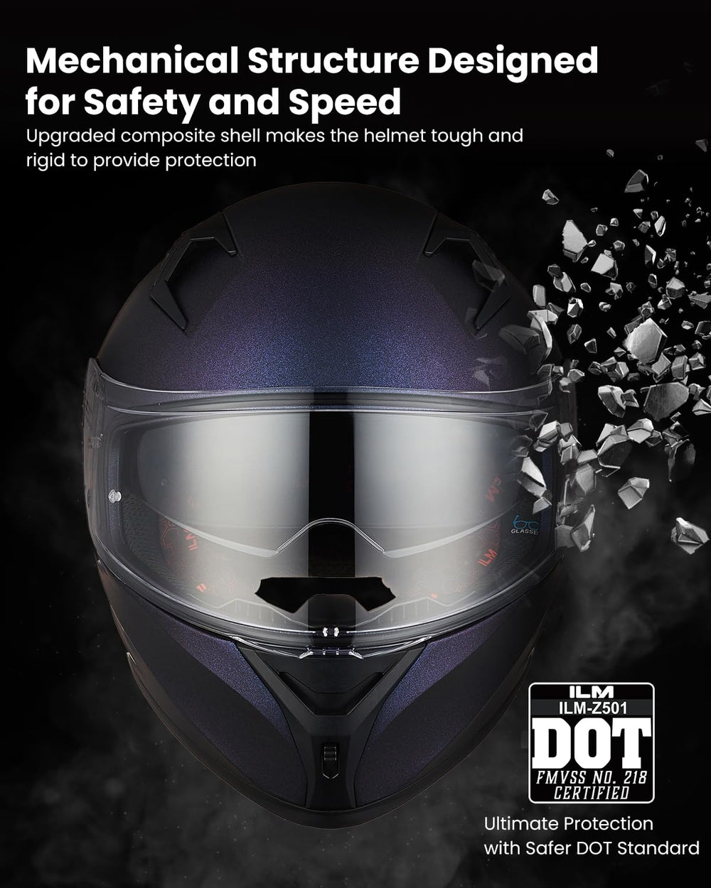 ILM Z501 chameleon purple helmet, left-side view with ventilation channels.