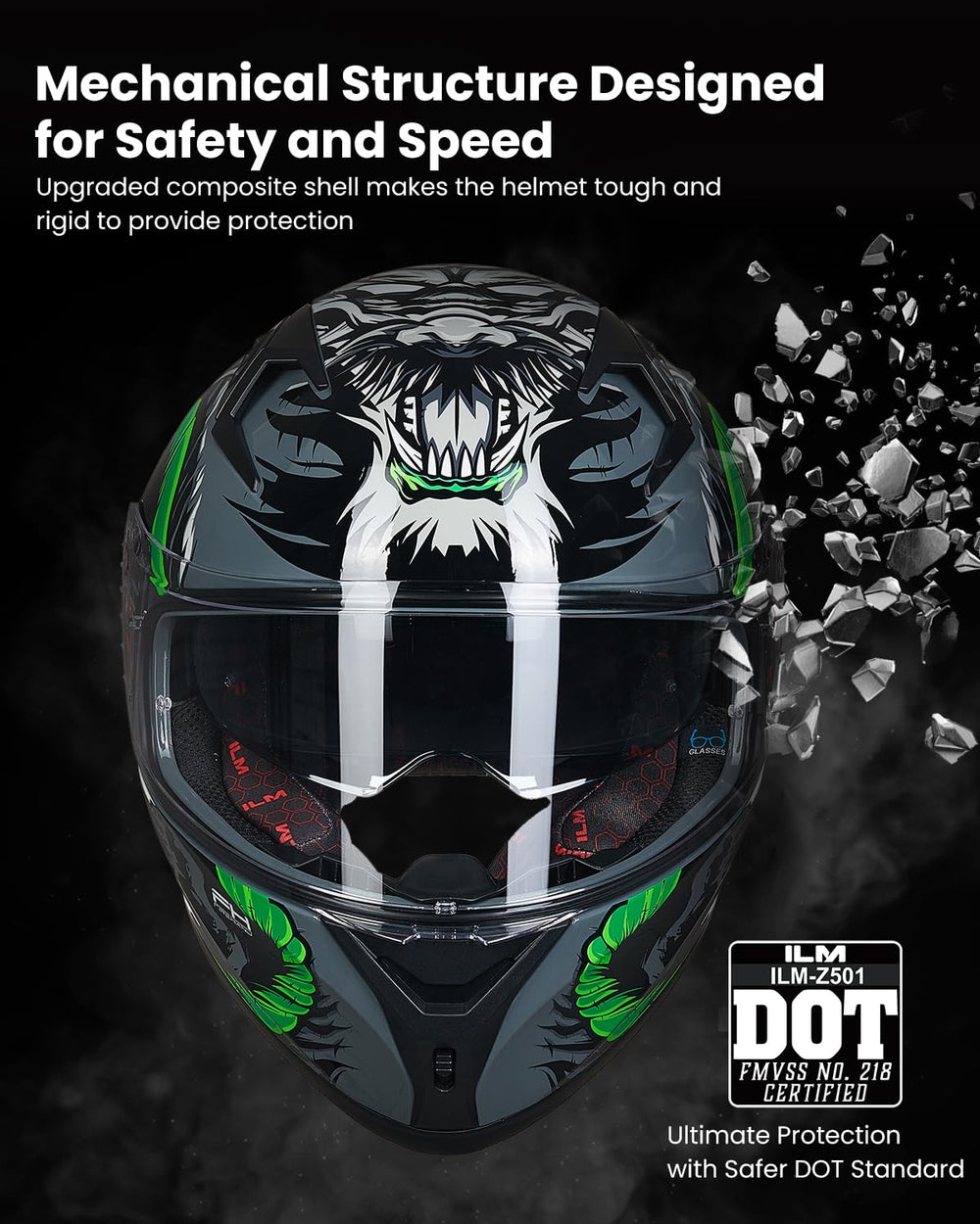 ILM Z501 full-face helmet with pinlock mirrored visor for glare control in bright conditions.
