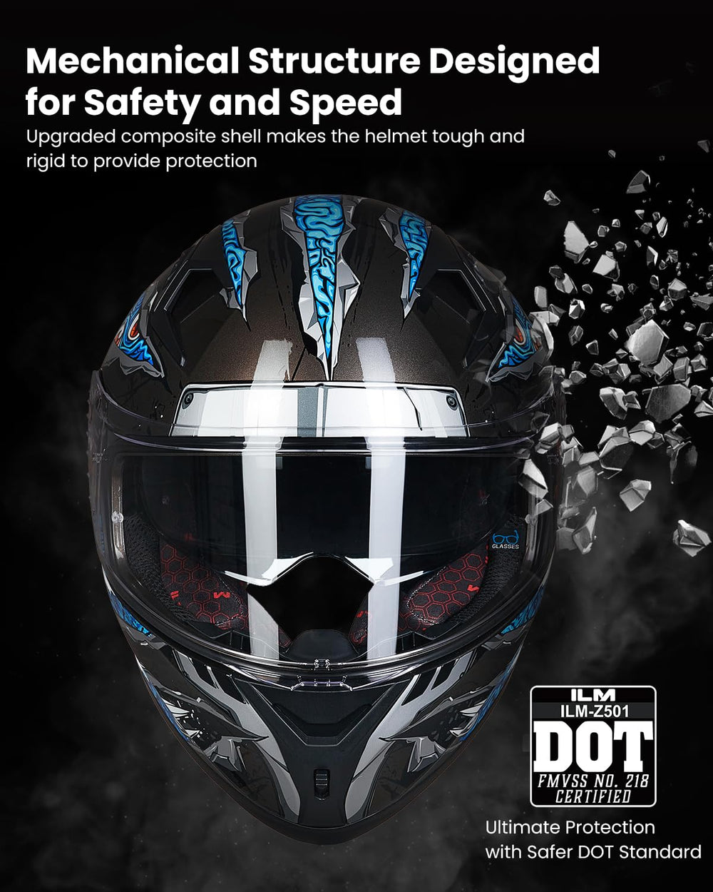 ILM Z501 manta blue visor clear for daytime visibility and safe riding