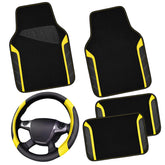 CAR PASS Leather Steering Wheel Cover and Waterproof Car Floor Mats,Microfiber Universal Car Combo Fit for 95% Sedan SUV Van Truck,14.5-15 inch Sporty Anti-Slip Safety Comfortable Design, Black&Yellow