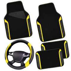 CAR PASS Leather Steering Wheel Cover and Waterproof Car Floor Mats,Microfiber Universal Car Combo Fit for 95% Sedan SUV Van Truck,14.5-15 inch Sporty Anti-Slip Safety Comfortable Design, Black&Yellow