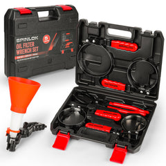 Spinlok 5-Piece Swivel Oil Filter Wrench Set with Stainless Steel Band & Adjustable Oil filter Pliers Cover 2-3/4” to 5-1/4”, 9” & 12” with Non-Slip Grip Organized in Sturdy Tool Set & Oil Funnel
