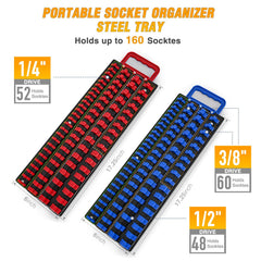 GOOACC Socket Organizer Tray 1/4 inch 3/8 inch 1/2 inch Socket Holder Portable Socket Rail Organizer Trays for Tool Box Drawer, 2Pcs Set Socket Tray Holds 160-Piece SAE Metric Socket, Blue & Red