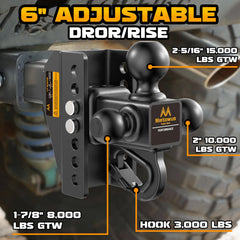 Mmtowus Adjustable Trailer Hitch - Drop Hitch -Tri Ball Mount w/Hook (1-7/8'', 2''&2-5/16''), Fits 2.5-Inch Receiver, 6'' Drop/Rise 15,000 LBS GTW Tow Hitch, 3 Ball Hitches for Trucks, RV, Camper etc