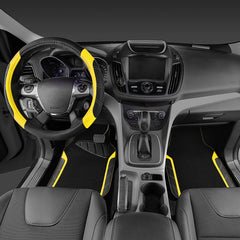 CAR PASS Leather Steering Wheel Cover and Waterproof Car Floor Mats,Microfiber Universal Car Combo Fit for 95% Sedan SUV Van Truck,14.5-15 inch Sporty Anti-Slip Safety Comfortable Design, Black&Yellow