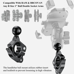 BRCOVAN 1'' Ball Handlebar Mount Base, Aluminum, Tool-Less Install, Fits 0.5–1.26'' Bars