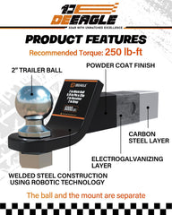 DEEAGLE 2-Inch Ball Hitch with Pin - Heavy-Duty 6000 lbs GTW, 2 Drop