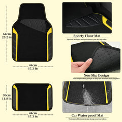 CAR PASS Leather Steering Wheel Cover and Waterproof Car Floor Mats,Microfiber Universal Car Combo Fit for 95% Sedan SUV Van Truck,14.5-15 inch Sporty Anti-Slip Safety Comfortable Design, Black&Yellow