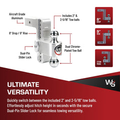 Weigh Safe 180-Degree Trailer Hitch - 8-Inch Drop, 2.5-Inch Receiver, Chrome Tow Balls, 18,500 GTW, 2-Piece Lock Set