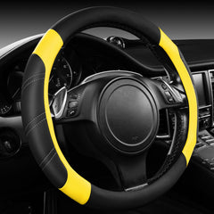 CAR PASS Leather Steering Wheel Cover and Waterproof Car Floor Mats,Microfiber Universal Car Combo Fit for 95% Sedan SUV Van Truck,14.5-15 inch Sporty Anti-Slip Safety Comfortable Design, Black&Yellow