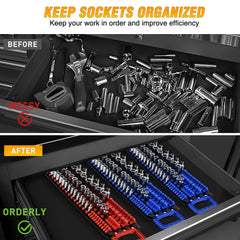GOOACC Socket Organizer Tray 1/4 inch 3/8 inch 1/2 inch Socket Holder Portable Socket Rail Organizer Trays for Tool Box Drawer, 2Pcs Set Socket Tray Holds 160-Piece SAE Metric Socket, Blue & Red