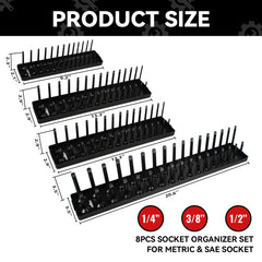 8PCS Socket Organizer Tray Set,SAE & Metric Socket Trays, 2PCS 1/4", 4PCS 3/8", 2PCS 1/2" Drive Deep and Shallow Socket Holders for Toolboxes (8pcs socket organizer)