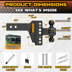 Mmtowus Adjustable Trailer Hitch - Drop Hitch -Tri Ball Mount w/Hook (1-7/8'', 2''&2-5/16''), Fits 2.5-Inch Receiver, 6'' Drop/Rise 15,000 LBS GTW Tow Hitch, 3 Ball Hitches for Trucks, RV, Camper etc