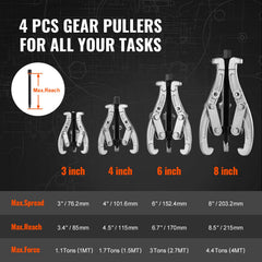 VEVOR Gear Puller Set, 3" 4" 6" 8" Puller Kit, 3 Jaw Gear Bearing Flywheel Pulley Removal Tool, 2 or 3 Reversible Jaws Wheel Puller, Vertically and Horizontally, External and Internal, 4-Piece