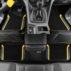 CAR PASS Leather Steering Wheel Cover and Waterproof Car Floor Mats,Microfiber Universal Car Combo Fit for 95% Sedan SUV Van Truck,14.5-15 inch Sporty Anti-Slip Safety Comfortable Design, Black&Yellow