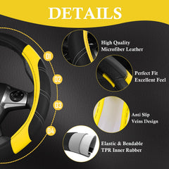 CAR PASS Leather Steering Wheel Cover and Waterproof Car Floor Mats,Microfiber Universal Car Combo Fit for 95% Sedan SUV Van Truck,14.5-15 inch Sporty Anti-Slip Safety Comfortable Design, Black&Yellow