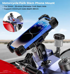 VAZESWIN Motorcycle Fork Stem Phone Mount, 1s Auto Lock & Release, Anti-Theft Motorcycle Phone Holder with Aluminum Alloy 1" Ball Short Arm, for 12-25.4mm Diameter Fork Stems, for 5.4"-7" Cellphones