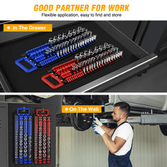 GOOACC Socket Organizer Tray 1/4 inch 3/8 inch 1/2 inch Socket Holder Portable Socket Rail Organizer Trays for Tool Box Drawer, 2Pcs Set Socket Tray Holds 160-Piece SAE Metric Socket, Blue & Red