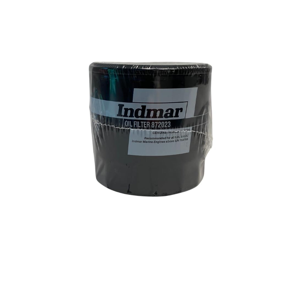 Indmar 872023 OEM oil filter logo highlighting brand authenticity and OEM compatibility.