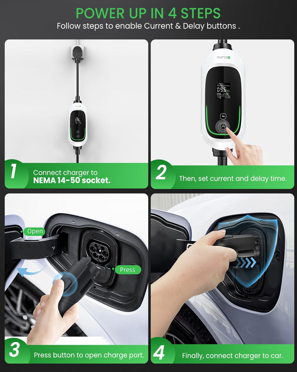 INFGO Level 2 EV Charger adjustable current up to 40A for efficient charging.