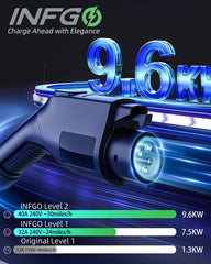 INFGO Level 2 EV Charger LCD display showing charging status.