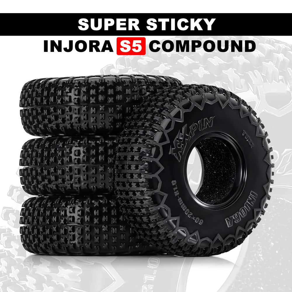 INJORA S5 tires on RC crawler, assembly-ready for SCX24 FCX24 setups.