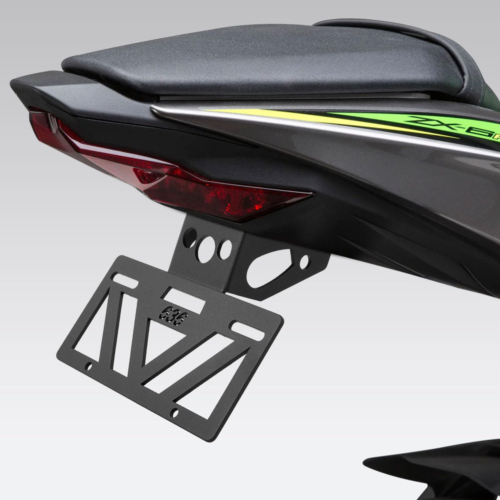 INKUDRI ZX6R-compatible license plate bracket supports OEM and aftermarket signals