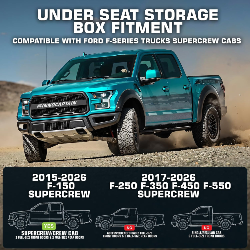 InnoCaptain rear underseat storage box for Ford F-350 keeps camping gear within reach.