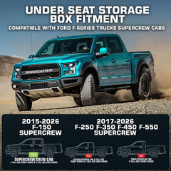 InnoCaptain rear underseat storage box for Ford F-350 keeps camping gear within reach.