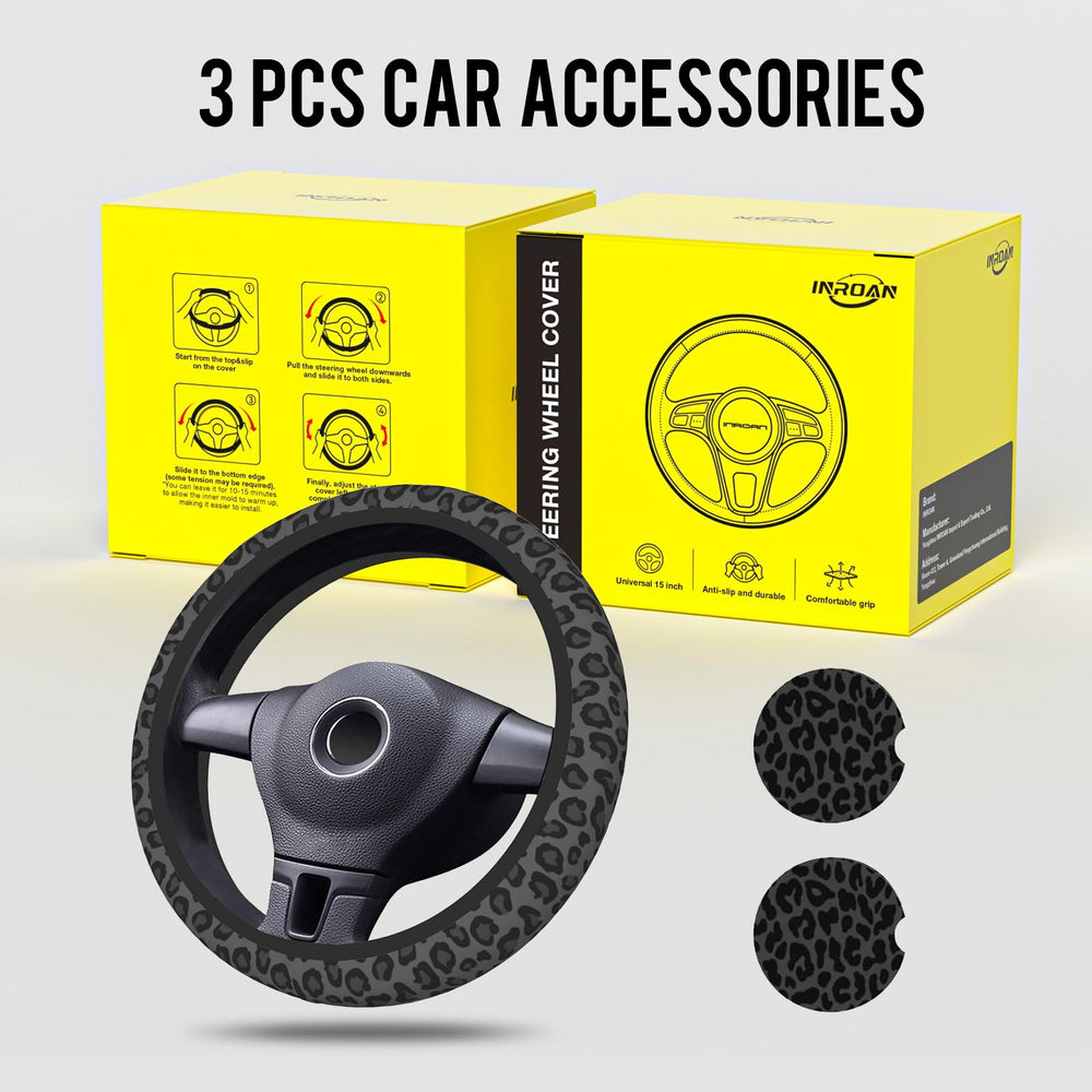 INROAN steering wheel cover and coasters arranged in a chic car interior