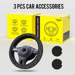 INROAN steering wheel cover and coasters arranged in a chic car interior