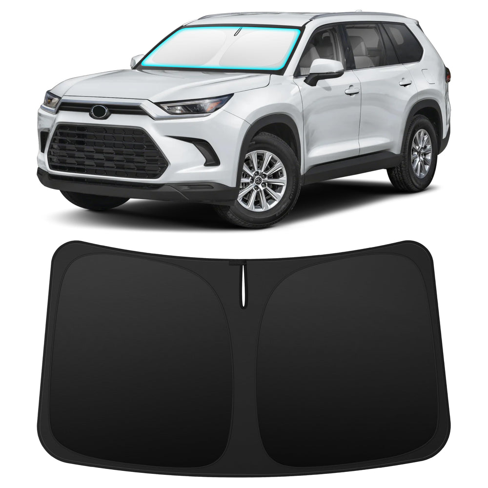 INSAUTO custom-fit windshield sun shade for Grand Highlander, front view, protects dashboard from sun damage.