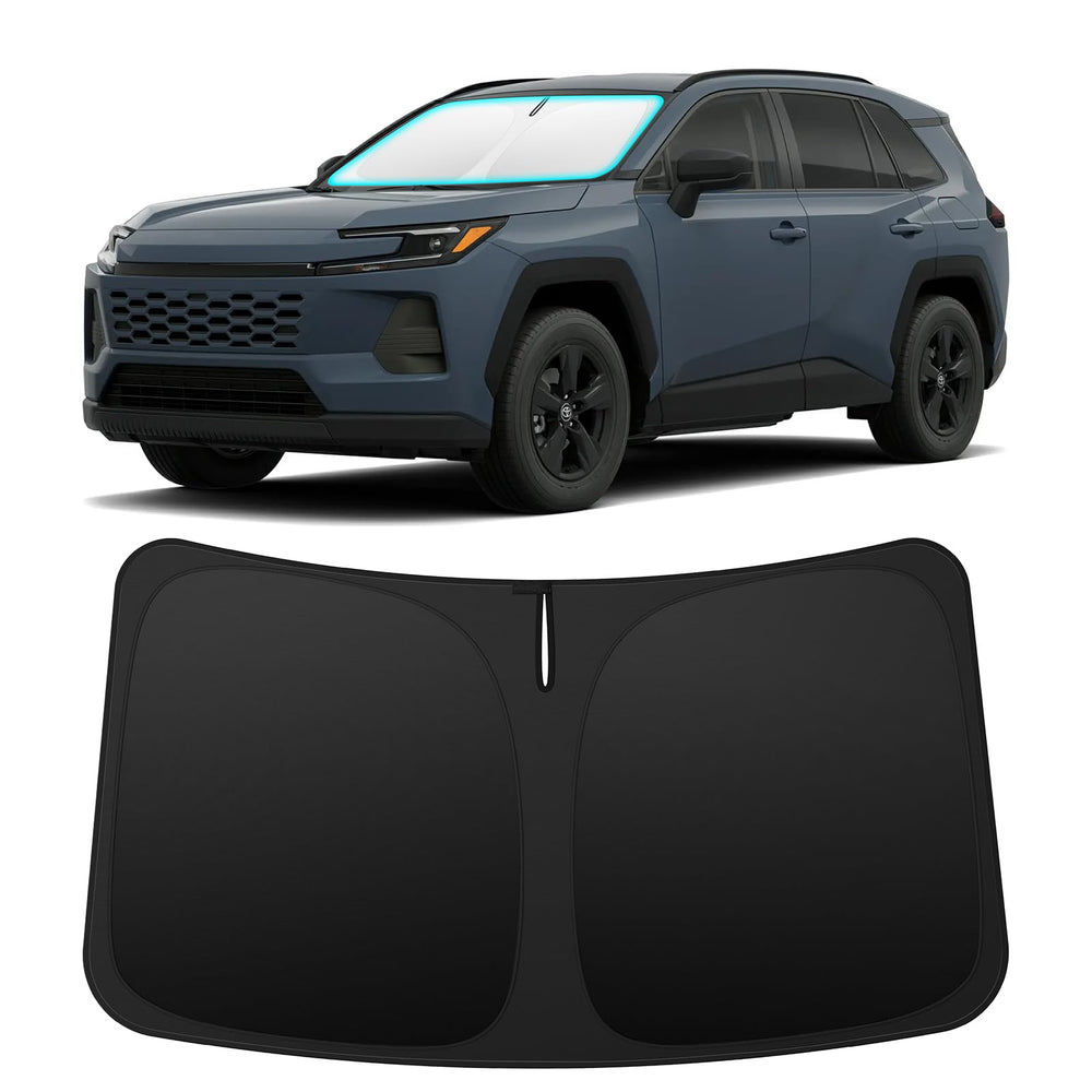 INSAUTO Rav4 front window shade folded to reduce glare and heat.