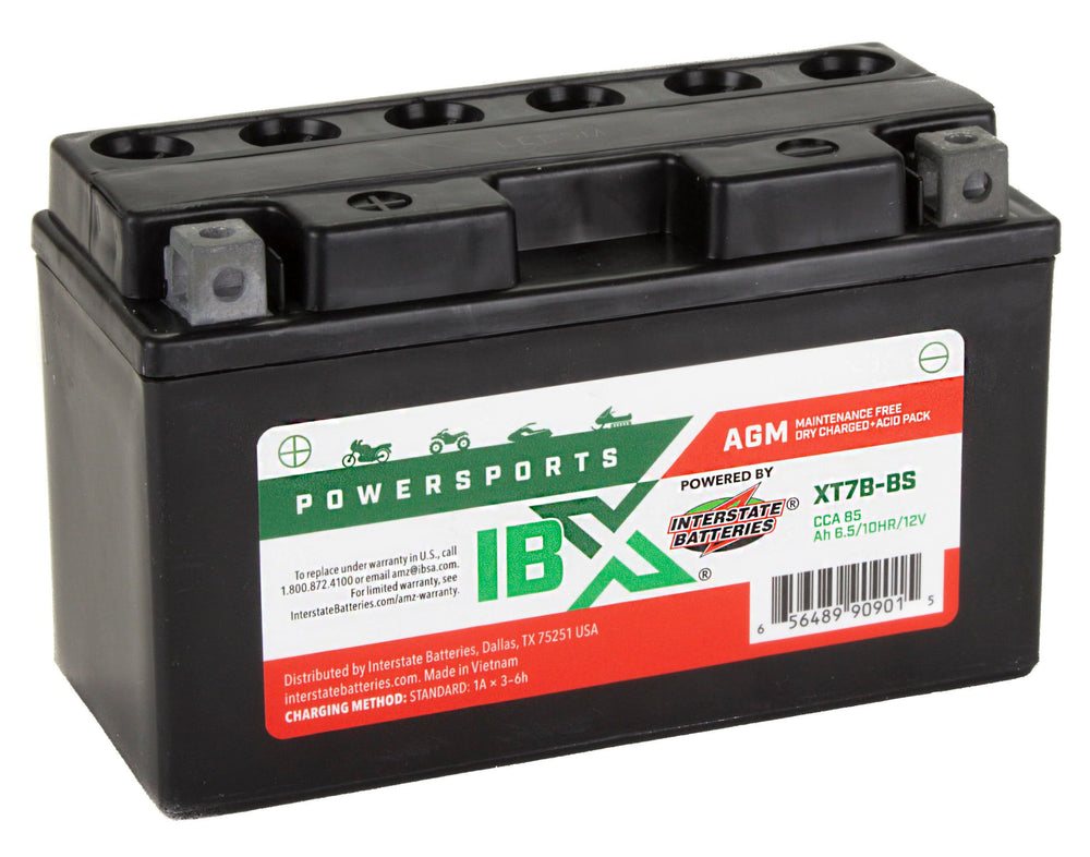 Interstate Batteries YT7B-BS AGM technology close-up emphasizing longevity and vibration resistance.