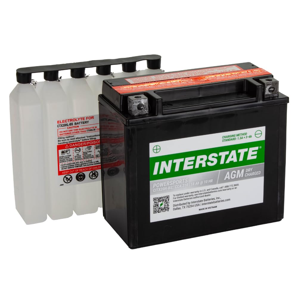 Interstate YTX20H-BS no-pour acid-pack image demonstrates maintenance-free setup.